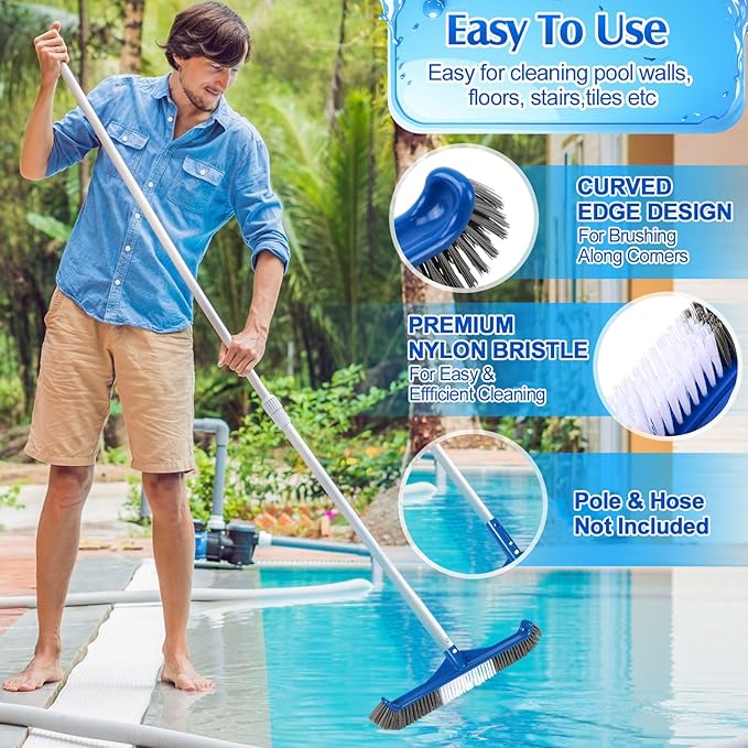 Potchen 4 Pcs Pool Cleaning Kit for Above Ground, Includes Vacuum Head, Brush Head, Mesh Skimmer Net and Pool Chlorine Floater, Perfect for Spa Hot Tub Walls Floors Maintenance(Round Corner)