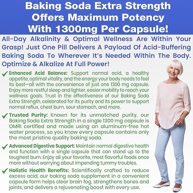 Baking Soda Aluminum Free 1300mg Per Pill Extra Strength Organic Use Pure Baking Soda Capsules for Health & Wellness. Baking Soda Tablets 120 Pills