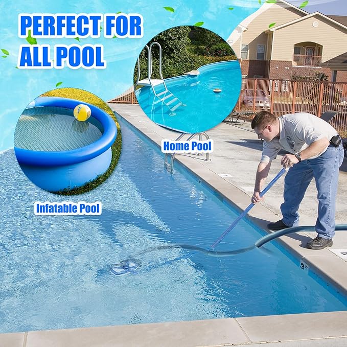 3 Pcs Pool Vacuum Kit Manual Vacuum Head with 1-1/2" x 18ft Long Hoses and Skimmer Net Flexible Head Wheels, Maintenance Accessory Tool for Above Ground Inground Pool Cleaning