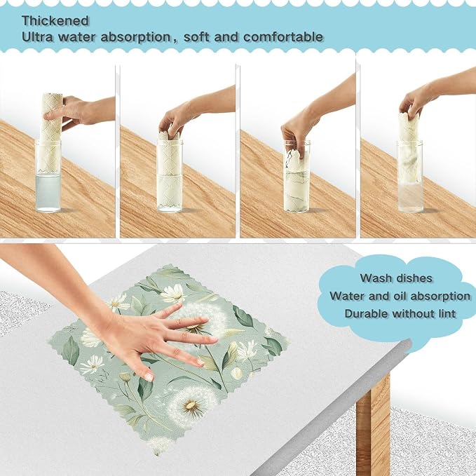 Sage Green Dandelion06 Kitchen Towels Dish Cloths Set of 6 Microfiber Cleaning Cloths for Cars Super Absorbent Machine