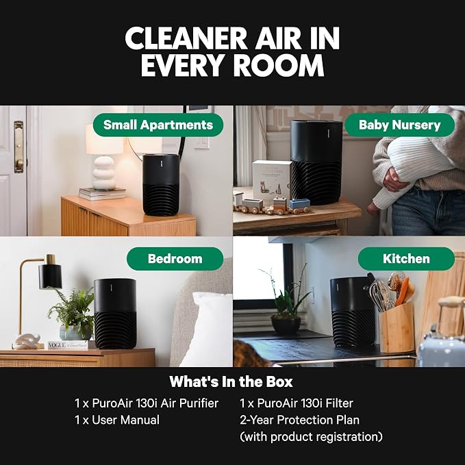 PuroAir 130i Smart Air Purifiers for Home Pets Allergies - HEPA + CarbonTech Filter up to 500X Stronger - Cleans Air Fast - Quiet Sleep Mode, Small Room Air Purifiers for Bedroom, Baby, Office (2PK)