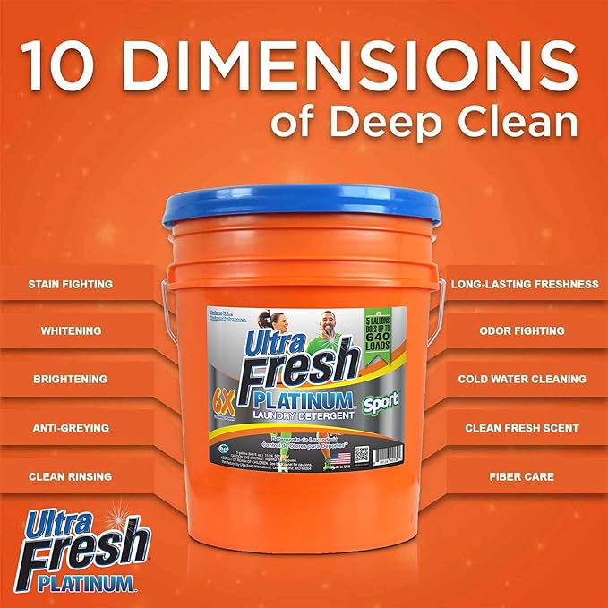 Ultra Fresh 6X Platinum Laundry Detergent, Up to 640 Loads, Bleach Alt, 5 Gallon Bundled with Laundry Detergent Sheets, Fragrance and Dye Free