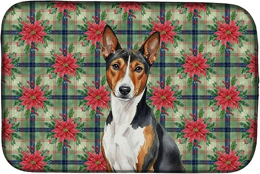 Caroline's Treasures Tricolor and White Basenji Christmas PoinsettIas Dish Drying Mat Absorbent Dish Drying Mat Pad for Kitchen Counter Dish Drainer Mat for Countertop, 14 x 21", Multicolor