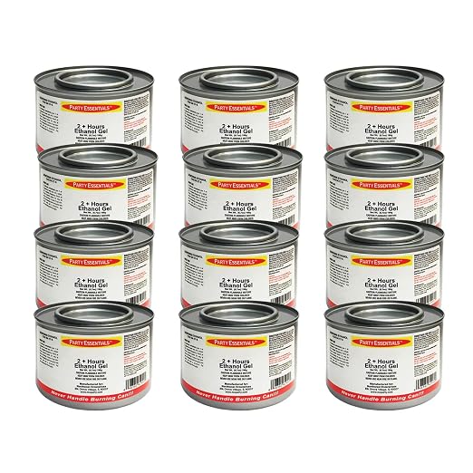 Party Essentials Chafing Dish Jelled Ethanol Warming Fuel, Safe Non-Toxic Fuel/Burn for 2.5 Hours/Buffet Warmer/Food Warming Heated Cans (Pack of 12)