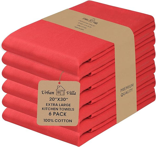 Urban Villa Kitchen Towel100% Cotton Red Color Dish Towels for Kitchen Size 20x30 inches (Set of 6) Highly Absorbent Multiuse Dish Cloths with Hanging Loop Quick Drying Soft Premium Hand &Tea Towels