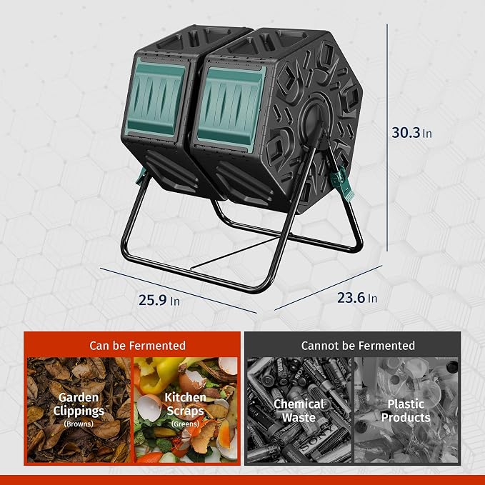 East Oak Dual Chamber Outdoor Compost Tumbler, 2×18.5 Gallon Compost Bin, Rotating Composter with Aeration & Locking System for Garden, Kitchen & Yard
