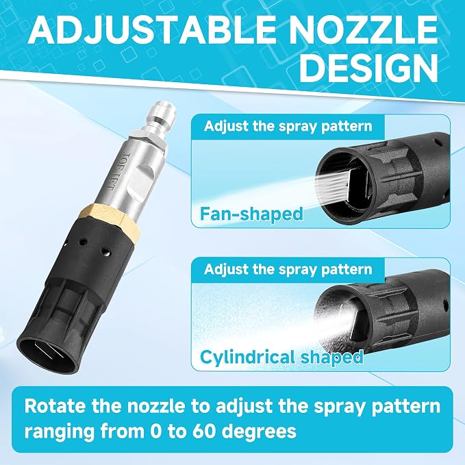 JOEJET Adjustable Downstream Soft Wash Nozzle, Twist Nozzle Range 0 to 60 degree, 1/4 Inch Quick Connect, 3-7 GPM