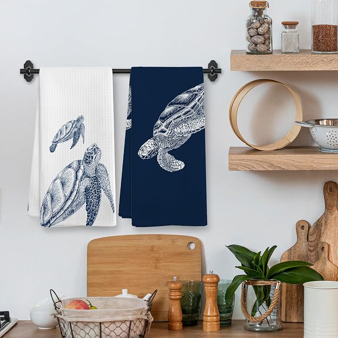 Coastal Turtle Beach Decor Dish Hand Tea Towels for Bathroom Kitchen, Sea Turtle Ocean Nautical Beachy Bathroom Decor Gifts, Coastal Nautical Kitchen Towels and Dishcloths Sets of 2, 16x24in
