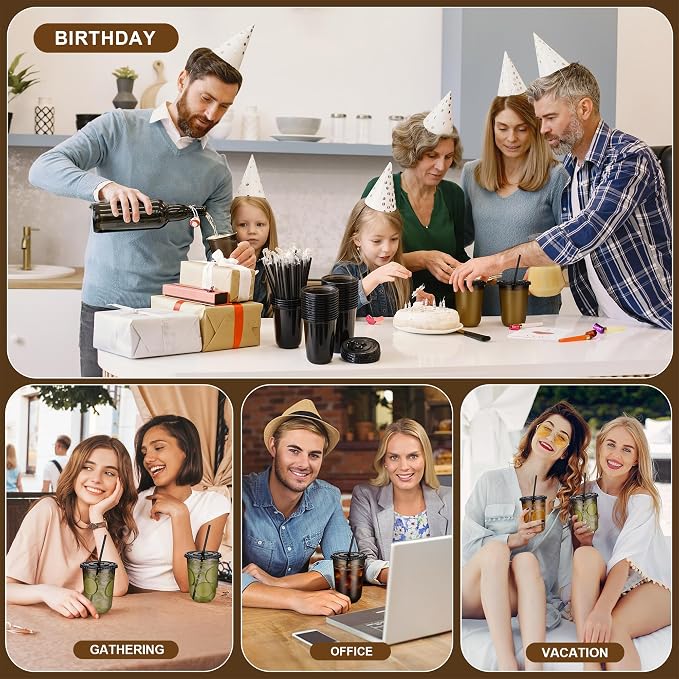 KesaPlan 50 Pack 16 oz Black Plastic Party Cups with Lids & Straws, Disposable Iced Coffee Cup with Lids, Round Bottom Drinking Cups for Cocktail Cold Beverages Birthday Wedding Picnics Party Supplies