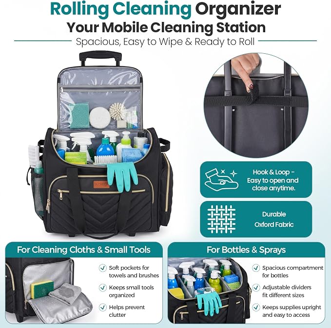 INSMEER Cleaning Caddy with Wheels, Large Cleaning Cart on Wheels with 3 Removable Clear Bags and 1 Shoulder Bag, Water Resistant Cleaner Supplies Organizer with Wheels for Kitchen, Tool Organizer