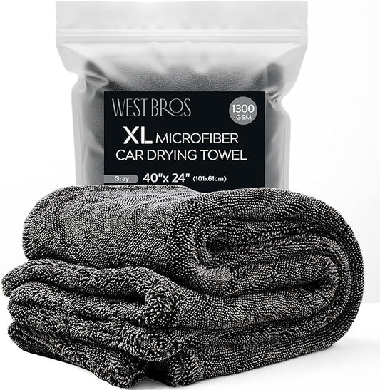 XL Car Drying Towel, 1300 GSM Professional Car Towel with Double Twisted Loop, Car Drying Towels Extra Large Super Absorbent, Microfiber Drying Towels for Cars, Trucks, SUVs - 40"x24", Gray