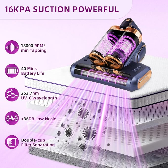 Cordless Mattress Vacuum Cleaner with 253.7nm UV-C Light, Deep Blue | 16Kpa Handheld Bed Vacuum, Ultrasonic, Widened Suction, Low Noise, HEPA Filtration for Mattress Sofa Couch Pet Hair.