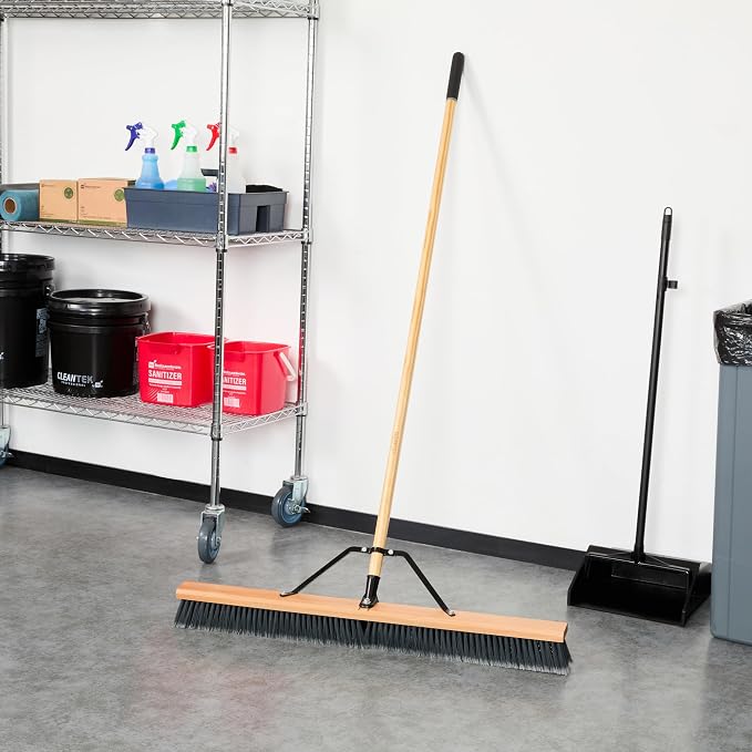 Restaurantware-Clean Tek Professional 36 Inch Push Broom, 1 Heavy-Duty Broom with 60â€ Handle - Medium Plastic Bristles, Durable, Wooden, Commercial Use, for Deck, Driveway, Garage, Yard, Patio