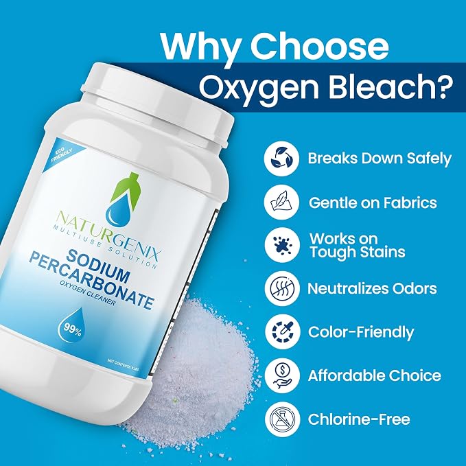 Sodium Percarbonate Powder 99% Purity - Oxygen Bleach, Hydrogen Peroxide Release Cleaner for Laundry, Dishwasher, Deodorizing & Stain Removal, Multi-Surface Use, Color-Safe (18 lbs)