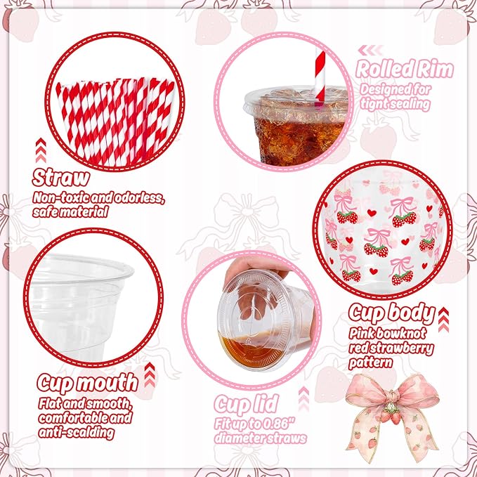 JarThenaAMCS 50Pcs Pink Bow Strawberry Disposable Plastic Cups with Lids and Straws 12Oz Cute Bowknot Strawberry Cold Beverage Drinking Cups for Summer Birthday Wedding Party Supplies