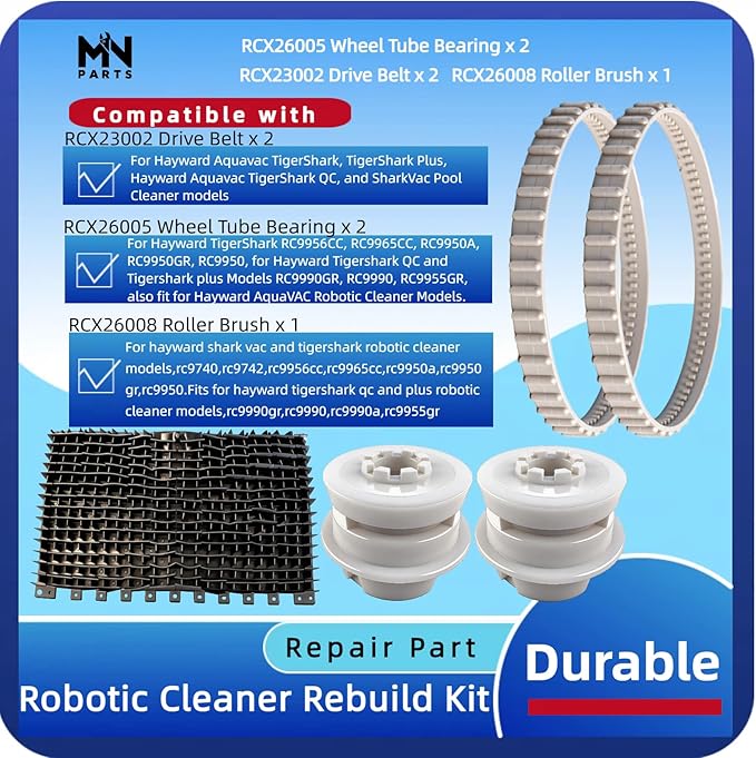 RCX23002 Drive Belt (2 Pack) + RCX26005 Wheel Tube Bearing (2 Pack) + RCX26008 Roller Brush Replacement Kit Compatible with Hayward TigerShark, QC, Plus & SharkVac Robotic Pool Cleaner Parts