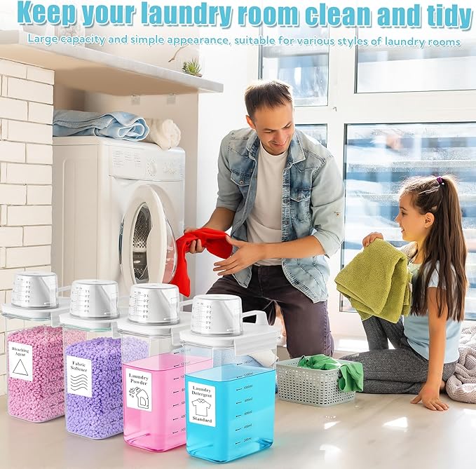 4 Pack Laundry Detergent Dispenser 61oz Plastic Liquid Detergent Dispenser with Label Powder Container & Scent Booster Beads Dispenser Fabric Softener Holder for Laundry Room Organization,Clear