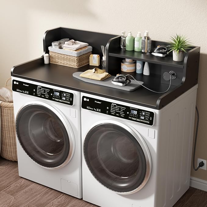 DTK Washer Dryer Countertop with Charging Station, 2 Tier Laundry Countertop with Anti-Slip Strips, 27.55" Depth x 54" Width, Wood Dryer Cover with Shelf, Black