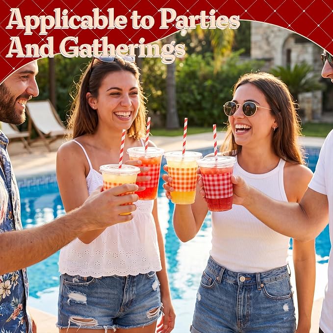 Domensi 25 Sets Red and White Gingham Plastic Cups with Lids and Paper Straws 12oz Checkered Party Disposable Cups Bulk Drinking Cup for Cold Drinks Baby Shower Wedding Birthday Summer Party Supplies