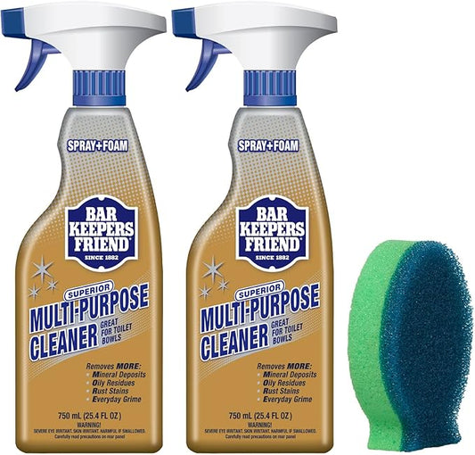 Bar Keepers Friend Spray + Foam Multipurpose Cleaner, 25.4 oz x 2, Surface Cleaner Removes Rust Stains, Mineral Deposits, Soap Scum, Grime & Tarnish