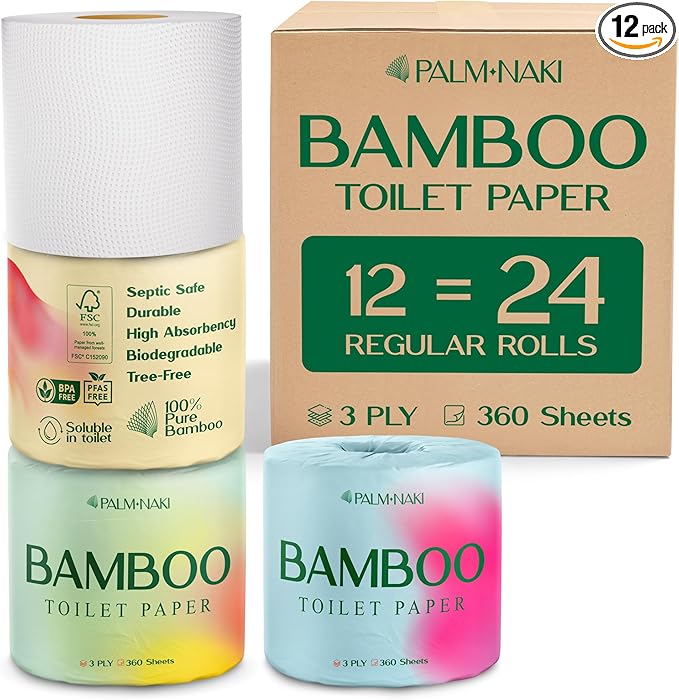 Premium Bamboo Toilet Paper | 3-Ply – Strong & Absorbent | Tree-Free, FSC Certified, BPA/PFAS-Free | Septic-Safe, Lint-Free | 12 Mega Rolls (360 Sheets/Roll) | PALM NAKI