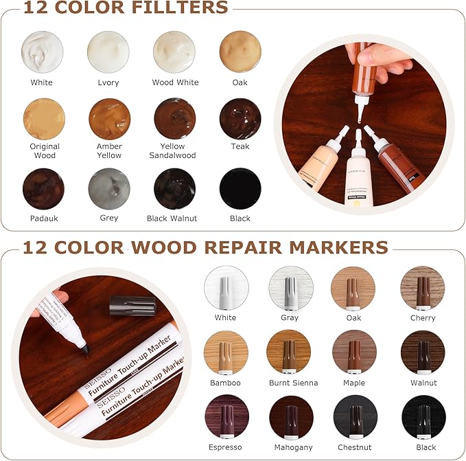 SEISSO Wood Furniture Repair Kit, 12 Colors Wood Fillers&Touch Up Markers, Wood Putty with Polish Wax, Wood Repairing Kit of Stains, Scratches, Holes, Cracks(40 PCs)