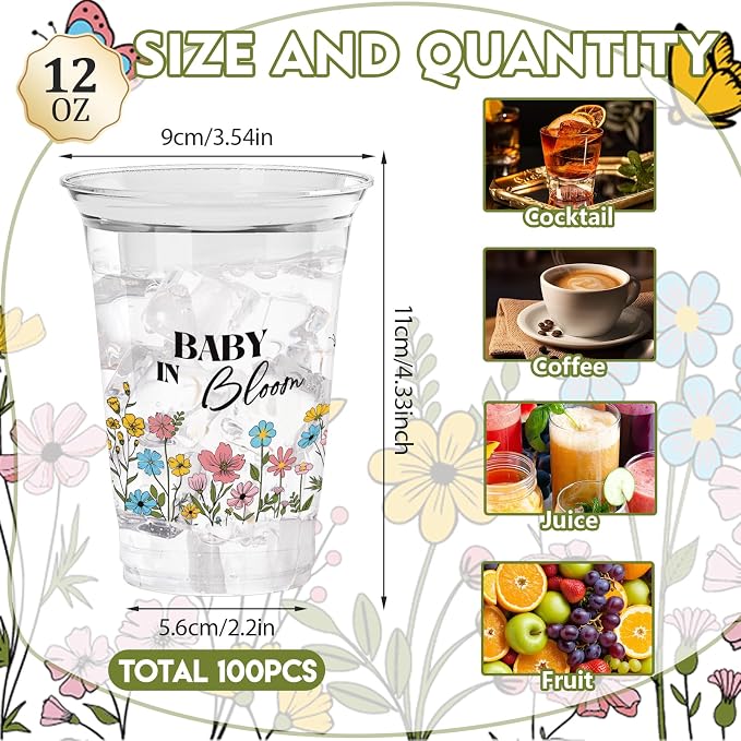 100Pcs Wildflower Baby Shower Plastic Party Cups, 12oz Wildflower Disposable Clear Cups for Baby Shower Party, Gender Reveal, Holiday Gatherings, Floral Theme Birthday Party Drinking Supplies