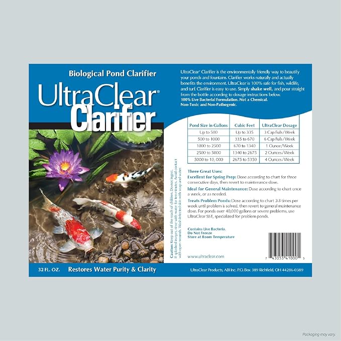 Pond Clarifier for Outdoor Ponds - Concentrated Live Beneficial Bacteria - Treats up to 80,000 Gallons - Clears Cloudy Pond Water - Safe for Fish, Plants, Pets and People