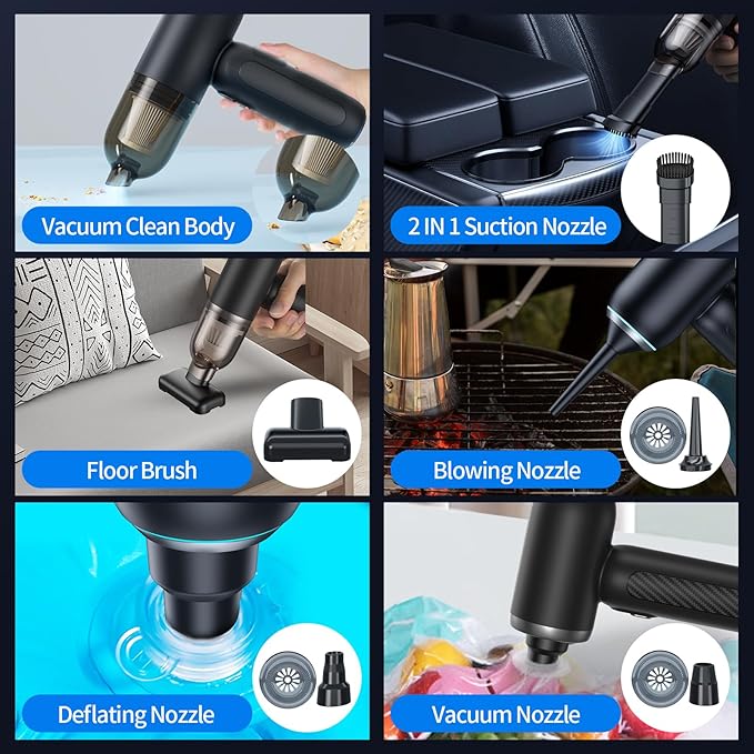 Handheld Vacuum Cordless, Car Vacuum with Brushless Motor & 16KPa Strong Suction, 4 in 1 Rechargeable Mini Vacuum Cleaner with LED Light, Hand Held Vacuum for Car Home Office and Pet, Black