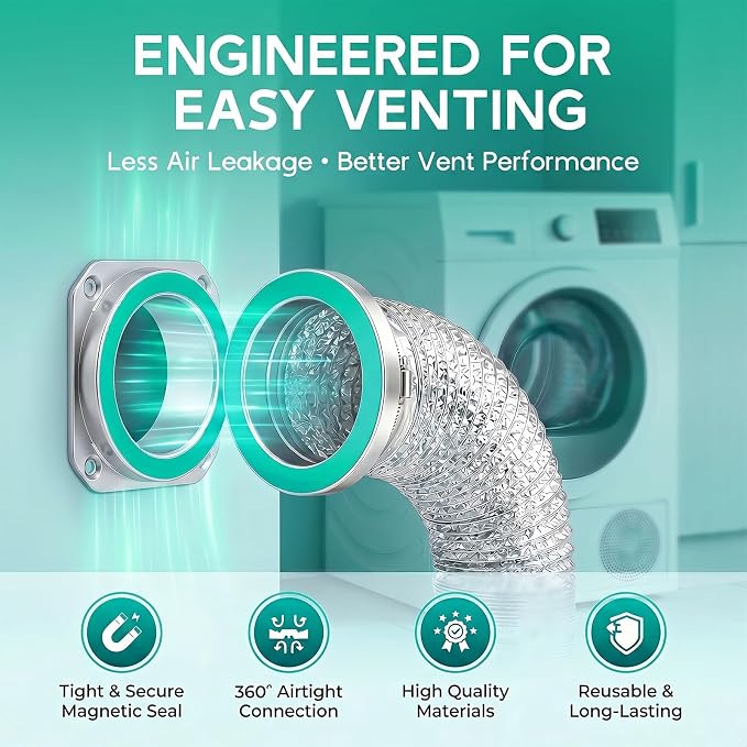 DV180 Magnetic Dryer Vent Coupling Connector Kit, Airtight Magnetic Quick-Connect for 4 Inch Hose, Easy to Clean & Maintain, Includes 2.6ft Flexible Ducting, 2 Clamps and Sealing Tape