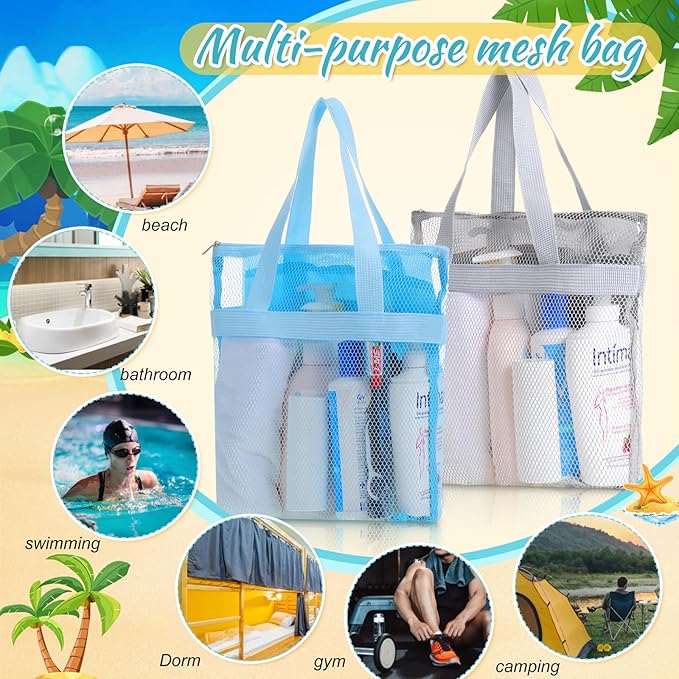 6 Pcs Mesh Shower Caddy Bags Portable Mesh Beach Bags Bulk with Zipper & 2 Pockets Hanging Toiletry and Bath Organizer for Gym Swimming Travel Camping College Dorms Beach (Classic Color)