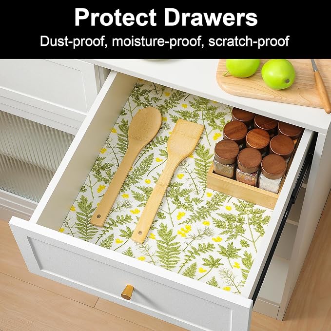Cooyes Drawer Liner Shelf Liners for Kitchen Cabinets Botanical Refrigerator Liners Waterproof Kitchen Cupboard Liner Drawer Mats EVA Material Non Adhesive Fridge Liner for Shelves（17.5" W x 78.7" L）