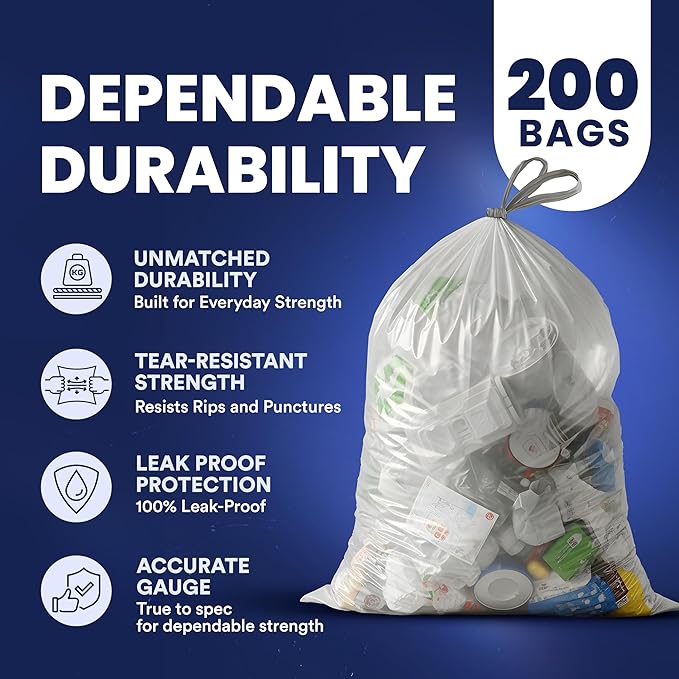 Plasticplace 4-6 Gallon White Drawstring Bags, 100% Prime Material, 17x20, 0.7 Mil, 200/Case