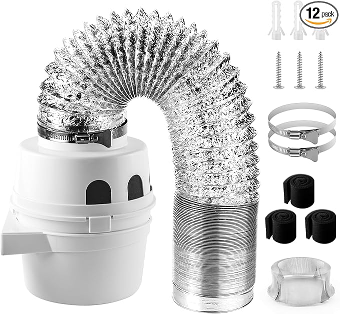 [UPGRADED]Cenipar TDIDVKZW Indoor Dryer Vent Kit Filter 3 In 1 Filter Bucket with 4 Inch 5 Feet Proflex Ducting Hose for Electric Dryers,White
