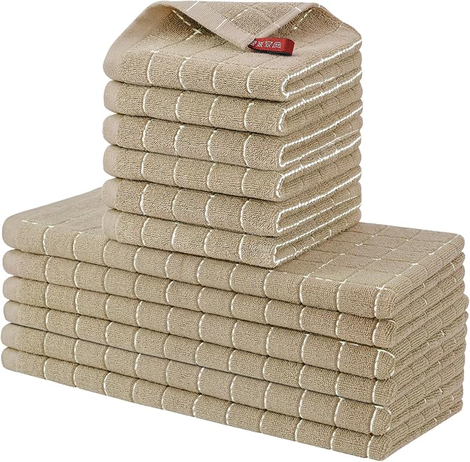 Homaxy Kitchen Towels and Dishcloths Set, 12 x 12 and 13 x 28 Inches, Set of 12 Bulk Cotton Terry Kitchen Towels Set, Checkered Designed, Soft and Super Absorbent Dish Towels, Tan