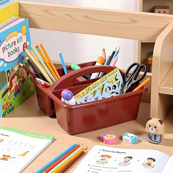 Kathfly 8 Pack Caddy Organizer with Handle, Stackable Organization Storage, Small Plastic Basket Classroom Caddy for Table Desk Office Pencil Kids Room Craft Art Teacher School Supplies (Deep Color)