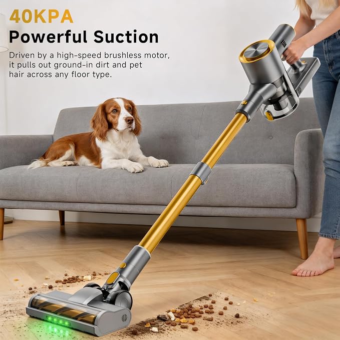 Cordless Stick Vacuum Cleaner - Rechargeable,40Kpa Powerful Suction Vacuum for Home,45Mins Runtime,Detachable Battery,Anti-Tangle, 8 in 1 Lightweight Vacuum for Pet Hair Carpet Hardwood,Yellow