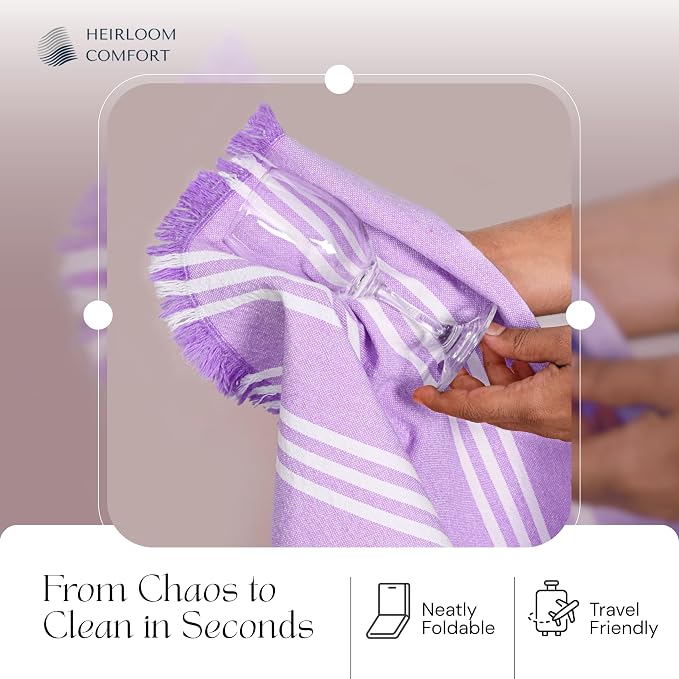 Monochrome Stripe 100% Cotton Dish Towels Set of 5, Decorative Fringes, 16x26 Inch, Quick Dry, Absorbent & Reusable for Cleaning, Cooking, Kitchen Decor, Machine Washable, Lavender