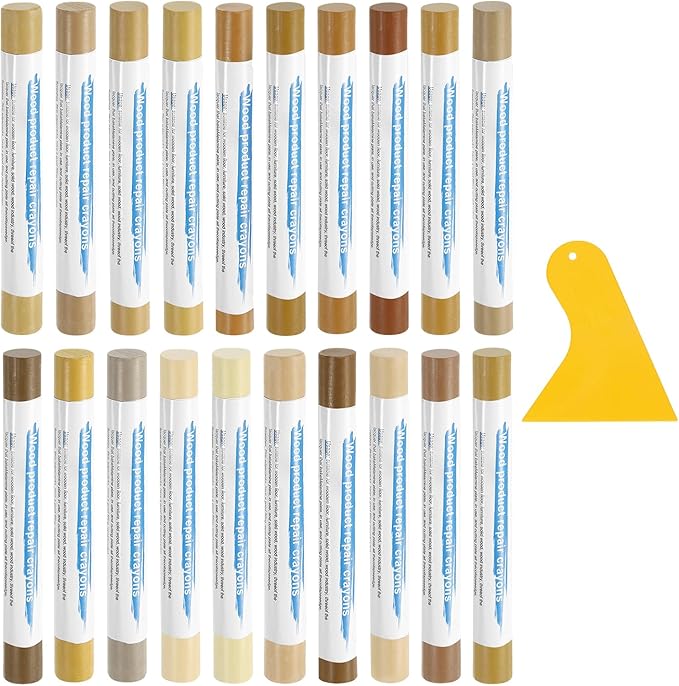 uxcell 20Pcs Wood Filler Sticks, Furniture Scratch Repair Wax Crayons Furniture Touch Up Markers Wood Repair Wax Kit with Spatula for Furniture, 20 Colors Natural & Maple Series