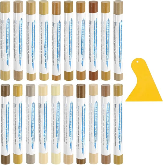 uxcell 20Pcs Wood Filler Sticks, Furniture Scratch Repair Wax Crayons Furniture Touch Up Markers Wood Repair Wax Kit with Spatula for Furniture, 20 Colors Natural & Maple Series