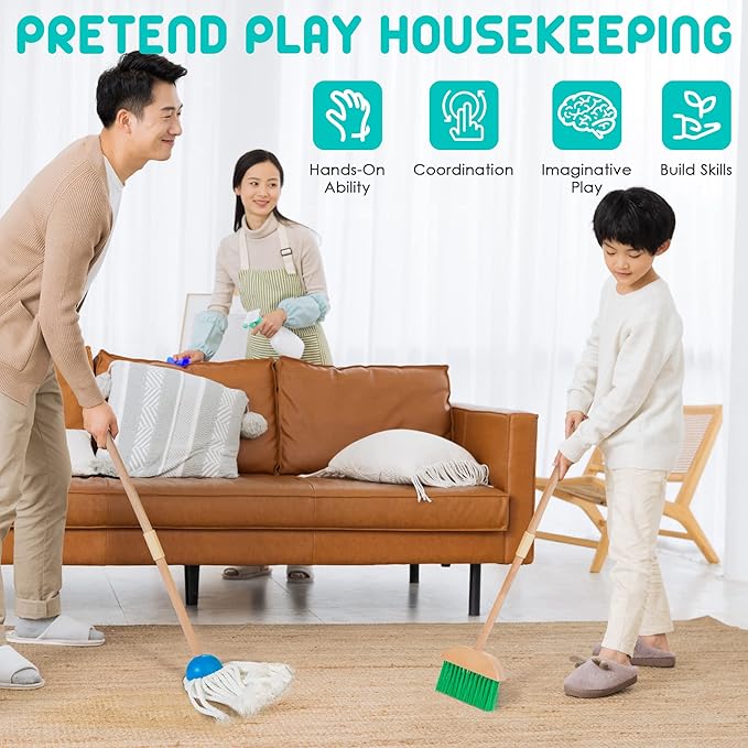 Wooden Kids Cleaning Set for Toddlers,8 Pieces Montessori Cleaning Toys with Kids Broom and Mop Set, Housework Pretend Play Toy Gift for Boys Girls Ages 3+