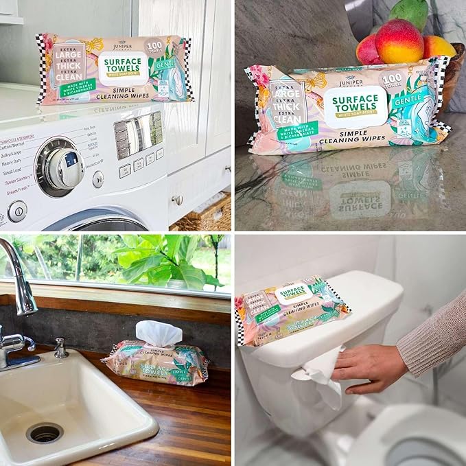 Juniper CLEAN Single Surface Cleaning Wipes, Thick & Large Dispose, All-Purpose Cleaner for Bathroom, Kitchen, Office, 100 Count Soft Flow, Biodegradable, White Soap Scent