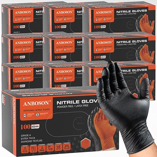 ANBOSON 10mil Nitrile-Gloves Disposable - Chemical-Resistant Rubber - Mechanic Gloves Heavy Duty, Latex Free, Diamond Grip (1000,Black Medium)