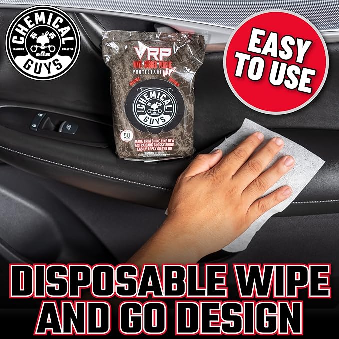 Chemical Guys PMWTVD10750 VRP Shine and Protectant Wipes Mega 100 Pack, For Vinyl, Rubber and Plastic Non-Greasy Dry-to-the-Touch Long Lasting Super Shine Dressing for Tires, Trim and More, (50 Ct)
