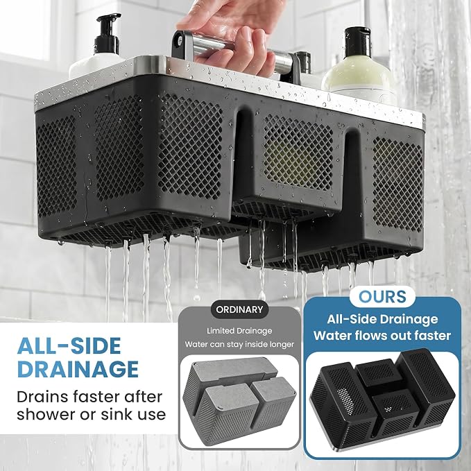 BYUNER Plastic Shower Caddy Dorm: Portable Cleaning & Shower Caddy with Handle, 4 Divided Compartments, All-Side Drainage, Rigid Plastic Basket Tote for College Dorm & Bathroom Use