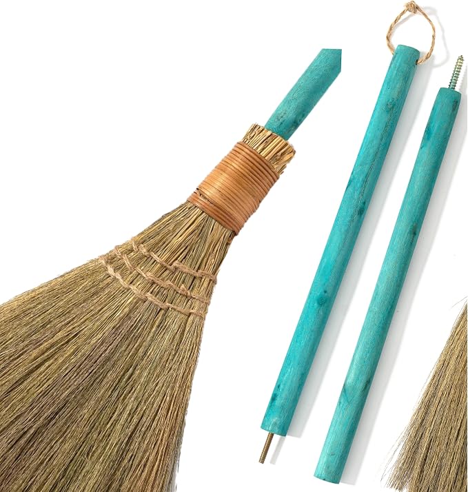Vietnamese Straw Soft Broom - Sweeping Broom with Green Wooden Handle for Cleaning, Decoration, Wedding with 45.28inch Length