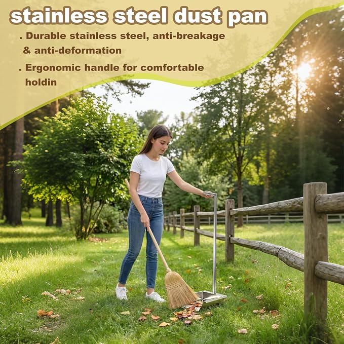 35in Heavy Duty Stainless Steel Standing Dust pan with Handle, Long Handle Metal Dustpans, Stand Up Large Dustpan for Farm, Office, Garage, Outdoor Yard, Commercial & Household Use