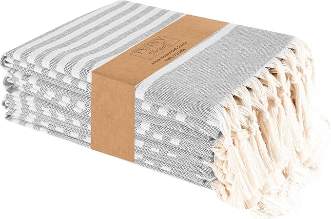TWINY threads Set of 4 100% Cotton Turkish Kitchen Towels with Hanging Loop & Tassels (18" X 28") | Ultra Washcloth with Fringes | Reusable Hand Towels - Grey