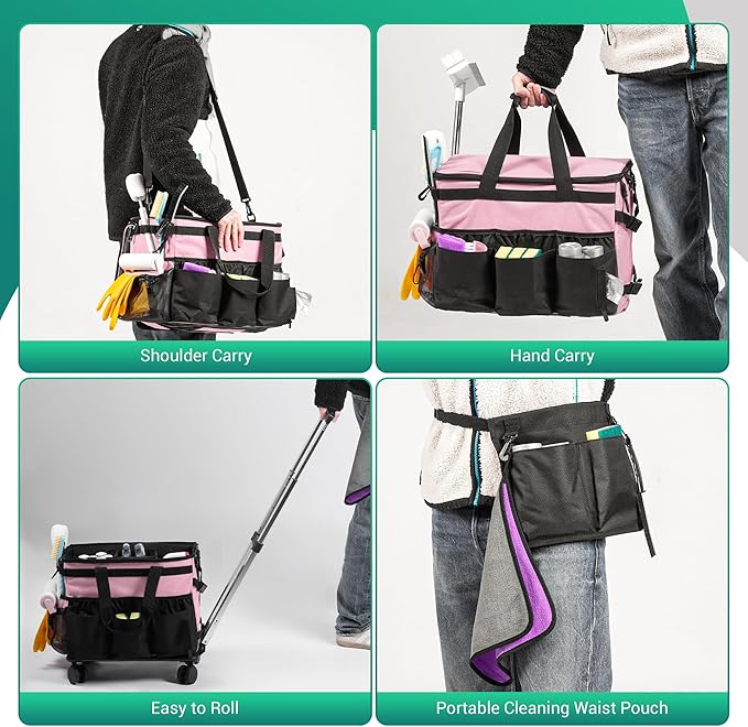 Large Rolling Cleaning Caddy Bag w/Detachable Trolley & Lid - Portable Cleaning Cart on Wheels w/Shoulder Strap & Waist Pouch - Cleaning Supplies & Tool Organizer for Home, Office, Car (Pink)