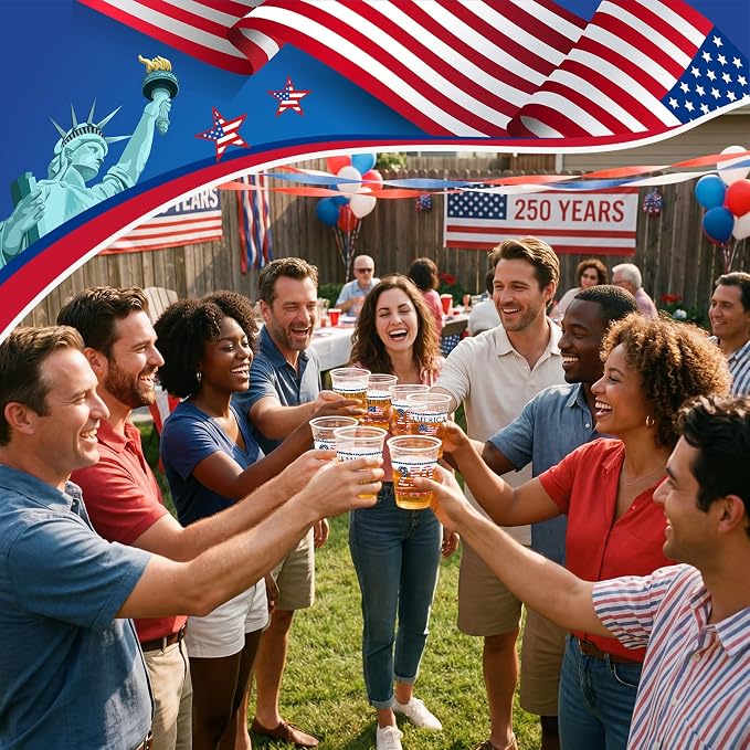 Jingmore 50 Pcs 250th Anniversary Plastic Cups 12 oz Patriotic Disposable Plastic Cups 1776-2026 Freedom Thick Clear Drinkware for Independence Day 4th of July Party Supplies